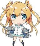  abukuma_(kantai_collection) bangs black_footwear blonde_hair blouse blue_eyes blush boots buttons cannon collared_blouse commentary_request double_bun gochou_(atemonai_heya) green_skirt hair_between_eyes hair_rings kantai_collection knee_boots long_hair looking_at_viewer lowres machinery open_mouth pleated_skirt school_uniform serafuku short_sleeves simple_background skirt solo standing turret twintails wavy_mouth white_background white_blouse wing_collar 