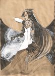  absurdly_long_hair animal_ears blouse capelet fingernails full_moon imaizumi_kagerou long_fingernails long_hair long_skirt long_sleeves moon red_skirt skirt solo stufquin touhou traditional_media very_long_hair werewolf white_blouse wolf wolf_ears 