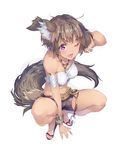  ;d animal_ears arm_support arm_up armband bare_legs bracelet brown_hair dark_skin elbia_hernaiman eyebrows_visible_through_hair jewelry looking_at_viewer midriff navel necklace one_eye_closed open_mouth outbreak_company purple_eyes sandals short_hair short_shorts shorts simple_background smile solo squatting strapless tail tubetop white_background yuugen 