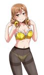  bangs black_legwear blush bra breasts brown_hair cleavage commentary_request crotch_seam frilled_bra frills hair_ornament hair_scrunchie half-closed_eyes holding holding_hair kunikida_hanamaru large_breasts looking_at_viewer love_live! love_live!_sunshine!! low_twintails midriff navel panties panties_under_pantyhose pantyhose plaid plaid_bra plaid_panties ribbon-trimmed_bra scrunchie simple_background smile solo thighband_pantyhose twintails underwear underwear_only white_background yellow_bra yellow_eyes yellow_panties yellow_scrunchie yopparai_oni 