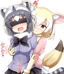  aikawa_ryou animal_ears black_hair blindfold blonde_hair blush bow bowtie breast_grab breasts brown_eyes commentary common_raccoon_(kemono_friends) covered_eyes eyebrows_visible_through_hair fennec_(kemono_friends) fox_ears fox_tail gloves grabbing grabbing_from_behind groping highres implied_fingering kemono_friends medium_breasts multicolored_hair multiple_girls open_mouth raccoon_ears raccoon_tail short_hair short_sleeves simple_background skirt smile striped_tail tail trembling wavy_mouth white_background yuri 