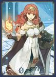  arm_guards bangs bare_shoulders breasts cape celica_(fire_emblem) company_connection company_name copyright_name detached_collar dress earrings elbow_gloves fingerless_gloves fire fire_emblem fire_emblem_cipher fire_emblem_echoes:_mou_hitori_no_eiyuuou gloves hair_ornament hidari_(left_side) jewelry logo long_hair magic medium_breasts official_art outdoors red_eyes red_hair shield smile solo thighhighs zettai_ryouiki 