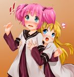  2girls :d :o bangs blonde_hair blue_eyes blush bow embarrassed fingernails flat_chest flat_chest_grab grabbing grabbing_from_behind hair_bobbles hair_ornament heart leaning_forward long_fingernails long_hair long_sleeves looking_at_viewer multiple_girls nanamori_school_uniform nose_blush open_mouth orange_background pink_hair pitui1996 school_uniform serafuku short_hair short_over_long_sleeves short_sleeves short_twintails smile spoken_heart surprised tears toshinou_kyouko twintails v-shaped_eyebrows yoshikawa_chinatsu yuri yuru_yuri 