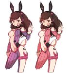  adapted_costume animal_ears anpolly arm_at_side blue_bodysuit bodysuit breasts brown_eyes brown_hair bunny_ears bunny_tail center_opening closed_mouth cowboy_shot cropped_legs cuffs d.va_(overwatch) eyebrows eyebrows_visible_through_hair facepaint facial_mark fake_animal_ears headphones headset legs_apart long_hair looking_at_viewer medium_breasts microphone multiple_views overwatch pink_bodysuit pout shoulder_pads simple_background skin_tight standing tail thigh_strap variations waving whisker_markings white_background 