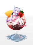  beads blue_eyes capelet dragon_horns eyebrows_visible_through_hair food from_side fruit full_body glass gradient gradient_background hair_beads hair_ornament hairband head_tilt highres holding holding_food holding_fruit horns ice_cream kanna_kamui kobayashi-san_chi_no_maidragon lavender_hair long_hair long_sleeves looking_at_viewer low_twintails mary_janes napkin parted_lips pink_footwear plate savi_(byakushimc) shoes sitting solo strawberry thighhighs twintails very_long_hair wafer white_background white_legwear 