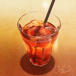  commentary cup drink drinking_glass drinking_straw from_above fusui ice ice_cube iced_tea liquid no_humans original signature sunlight table 
