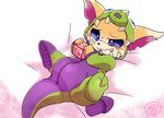  bed big_ears block blue_eyes blush brown_fur costume cub feet fur gnar_(lol) ichiba league_of_legends lying male onesie riot_games slippers solo video_games yordle young 