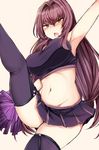  armpits bad_revision blush breasts cheerleader fate/grand_order fate_(series) highres large_breasts long_hair lossy_revision md5_mismatch midriff miniskirt navel open_mouth pleated_skirt pom_poms purple_hair purple_legwear red_eyes sabujiroko scathach_(fate)_(all) scathach_(fate/grand_order) simple_background skirt solo thighhighs 