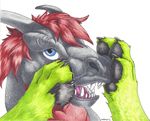  black_toe blue_eyes canine coalpaw dragon drako eye_rolling feet foot_fetish fur green_fur hair male mammal open_mouth pawpads paws paws_on_face red_hair sinistervibe teeth traditional_media_(artwork) 