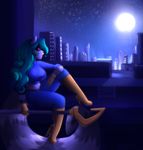  amelia_cooper blue_hair boots cane city_background clothing cooper_cane female footwear gloves hair hook mammal masked midriff night ooo-belise-ooo painted painted_background raccoon rooftops sly_cooper_(series) solo starry_night video_games 
