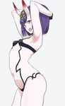  arched_back armpits arms_up black_gloves bouen breasts commentary_request cowboy_shot eyebrows_visible_through_hair fangs fate/grand_order fate_(series) from_side gloves hands_on_own_head highres horns navel oni oni_horns open_mouth revealing_clothes short_hair shuten_douji_(fate/grand_order) simple_background small_breasts solo standing 