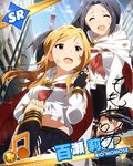  2girls blush brown_hair card_(medium) character_name dress heroes idolmaster idolmaster_million_live! long_hair momose_rio multiple_girls red_eyes sky 