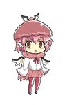  bird_wings bow brown_eyes chibi colonel_aki cosplay feather-trimmed_sleeves feather_trim hat head_wings jacket japanese_crested_ibis_(kemono_friends) japanese_crested_ibis_(kemono_friends)_(cosplay) kemono_friends long_sleeves looking_at_viewer mystia_lorelei pantyhose pink_hair pleated_skirt skirt solo touhou triangle_mouth white_background wings 