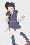  ^_^ bangs blunt_bangs blush_stickers boots brown_hair closed_eyes dress facing_viewer full_body hat kagari_atsuko knee_boots little_witch_academia long_hair school_uniform shiny_rod sidelocks smile solo staff teeth torla16 v wand witch_hat 