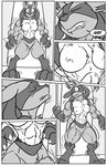  3_fingers 3_toes abs biceps big_muscles blush breasts claws clenched_teeth comic confusion eyes_closed fangs female forest greyscale growth keanon_woods lucario monochrome muscle_growth muscular nintendo pecs pok&eacute;mon quads spikes teeth text toes tree video_games 