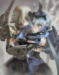  armor bangs bare_shoulders black_gloves blonde_hair blue_eyes blue_hair blush elbow_gloves frame_arms_girl gloves gourai hand_on_another's_mouth headgear long_hair mecha_musume multiple_girls short_hair skirt stylet twintails very_long_hair visqi yuri 