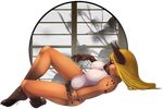  2017 anthro archery blonde_hair breasts female hair hi_res hyena mammal nipples nude solo water window 