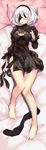  absurdres aoi_(buzhuen444) arm_at_side bad_id bad_pixiv_id bare_legs barefoot bed_sheet black_dress black_gloves black_hairband black_legwear black_ribbon blindfold breasts cleavage cleavage_cutout covered_eyes dakimakura dress facing_viewer from_above full_body gloves hair_over_eyes hairband hand_on_own_chest hand_up highres juliet_sleeves knees_up large_breasts legs long_sleeves lying medium_breasts mole mole_under_mouth nier_(series) nier_automata on_back on_bed open_mouth parted_lips pink_lips pod_(nier_automata) print_dress puffy_sleeves ribbon short_dress short_hair side_slit silver_hair solo thighhighs thighhighs_removed toenails toes turtleneck vambraces yorha_no._2_type_b 