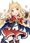  :d bangs black_footwear black_legwear blonde_hair blunt_bangs blush book boots bow bracelet bracer brooch cagliostro_(granblue_fantasy) cape clenched_hand cowboy_shot eyebrows_visible_through_hair flat_chest gochou_(atemonai_heya) granblue_fantasy heart holding holding_book jewelry long_hair looking_at_viewer open_mouth panties pantyshot pantyshot_(standing) purple_eyes red_bow red_cape red_skirt shadow shirt simple_background skirt smile solo standing standing_on_one_leg teeth thighhighs tiara underwear vial white_background white_panties white_shirt zettai_ryouiki 