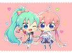  ahoge blush chibi eyelashes green_eyes green_hair hair_ornament hair_ribbon hatsune_miku headphones heart holding_hands houkago_mode_(module) kneehighs long_hair low_twintails megurine_luka multiple_girls necktie one_eye_closed pink_background pink_hair ponytail project_diva_(series) project_diva_f ribbon ribbon_girl_(module) sinaooo skirt smile twintails very_long_hair vocaloid 