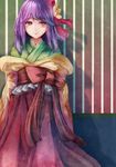  commentary flower hair_flower hair_ornament hakama_skirt hieda_no_akyuu japanese_clothes kimono layered_clothing long_skirt obi off_shoulder purple_eyes purple_hair red_skirt sash skirt smile solo terrajin touhou 