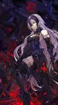  absurdres armor armored_dress black_gloves blonde_hair building dark_persona fate/grand_order fate_(series) fur_trim gauntlets gloves headpiece highres jeanne_d'arc_(alter)_(fate) jeanne_d'arc_(fate)_(all) long_hair moon open_mouth red_moon ribbon saberiii sheath solo striped striped_ribbon sword thighhighs weapon yellow_eyes 