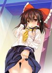  alternate_costume blush bow breasts brown_hair contemporary covered_nipples cowboy_shot from_below hair_bow hair_tubes hakurei_reimu hand_on_own_chest long_hair looking_at_viewer looking_down no_bra no_panties open_mouth pleated_skirt pussy red_eyes sailor_collar school_uniform serafuku shirt skirt skirt_lift small_breasts solo sweat tororo touhou wet wet_clothes 