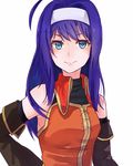  ahoge blue_eyes blue_hair breasts detached_sleeves fire_emblem fire_emblem:_akatsuki_no_megami fire_emblem:_souen_no_kiseki hairband long_hair medium_breasts simple_background solo turtleneck tyotto_ko_i upper_body vest wayu_(fire_emblem) white_background white_hairband 