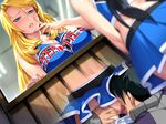  2girls asakura_sakura black_hair blonde_hair blue_eyes blush breasts censored cheerleader cunnilingus dutch_angle frilled_panties frills game_cg hand_on_own_face head_under_clothes head_under_skirt hetero long_hair miniskirt mosaic_censoring multiple_girls nana_g navel open_mouth oral panties panty_pull pussy sex_teacher_tsuyoshi skirt standing stealth_sex tenri_reika transparent underwear white_panties window wooden_wall 