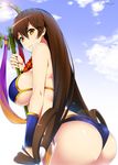  ass bare_shoulders bikini blue_bikini blue_sky breasts brown_eyes brown_hair cloud commentary_request day fate/grand_order fate_(series) highres large_breasts long_hair looking_at_viewer looking_back mattari_yufi parted_lips shakujou sideboob sky smile solo staff standing swimsuit thighs twitter_username very_long_hair xuanzang_(fate/grand_order) 