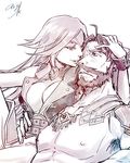  1boy 1girl abs armor beard breasts choker cleavage coat edward_teach_(fate/grand_order) fate/extra fate/grand_order fate_(series) large_breasts lips long_hair monochrome nipples open_mouth rider_(fate/extra) scar short_hair 