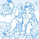  anthro buizel buizilla_(character) canine city claws fangs fur lycanroc macro male mammal midnight_lycanroc monochrome nakes nintendo pok&eacute;mon size_difference teeth video_games 