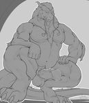  anthro balls crouching dragon eastern_dragon erection fasttrack37d greyscale looking_at_viewer male monochrome musclegut muscular pubes smile solo 
