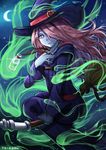  absurdres artist_name broom broom_riding crescent_moon hair_over_one_eye hat hat_belt highres little_witch_academia long_hair moon night night_sky pale_skin pink_hair potion red_eyes robe school_uniform sidesaddle sky solo star_(sky) sucy_manbavaran witch_hat yo-roppa 