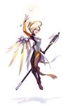  arm_up blonde_hair blue_eyes bodysuit breasts brown_legwear faulds feathers floating full_body hetchi high_ponytail highres holding holding_staff looking_at_viewer mechanical_halo mechanical_wings medium_breasts mercy_(overwatch) open_mouth overwatch pantyhose pelvic_curtain shadow simple_background smile solo staff white_background white_feathers wings yellow_wings 