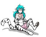  &lt;3 2017 alternate_species anthro blue_eyes blue_hair boxers_(clothing) breasts chest_tuft clothed clothing collar collar_of_keidranification collar_tag crossgender digitigrade featureless_breasts feline female fur furrification hair keidran long_hair mammal navel partially_clothed pawpads pendant simple_background sitting solo striped_fur stripes tiger tiger_trace tom_fischbach topless trace_legacy transformation tuft twokinds underwear webcomic white_background white_fur 