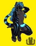  anthro balls bioluminescence bitley black_fur blind_eye blue_fur blue_hair carmeo_(character) feline fur glowing glowing_penis grey_fur hair long_hair male mammal nude penis red_eyes scar solo tiger 