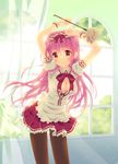  blush brown_eyes headdress long_hair narinn pantyhose pink_hair ribbon shy skirt smile tree yellow_eyes 