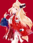  ahma animal_ears bag blonde_hair commentary_request cowboy_shot fate/extra fate/extra_ccc fate/extra_ccc_fox_tail fate_(series) fox_ears fox_tail from_side hakama_skirt hat head_tilt highres holding holding_bag japanese_clothes long_hair long_sleeves looking_at_viewer no_panties parted_lips red_background ribbon-trimmed_sleeves ribbon_trim school_bag simple_background smile solo suzuka_gozen_(fate) tail tate_eboshi wide_sleeves wing_collar yellow_eyes 