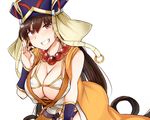  bad_revision beads bikini blush breasts brown_eyes brown_hair cleavage cowboy_shot earrings fate_(series) hair_between_eyes hat jewelry large_breasts long_hair looking_at_viewer lossy_revision md5_mismatch necklace prayer_beads revealing_clothes ring sabujiroko smile solo swimsuit xuanzang_(fate/grand_order) 