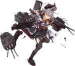  boots brown_eyes full_body gangut_(kantai_collection) gloves grey_hair hat jacket kantai_collection machinery miniskirt official_art oktyabrskaya_revolyutsiya_(kantai_collection) pantyhose pleated_skirt skirt torn_clothes torn_legwear transparent_background turret yadokari_(migihashi) 