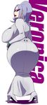  1girl ass boots breasts character_name dress feet from_behind full_body heroman highres huge_ass huge_breasts legs lipstick long_hair long_sleeves plump puffy_nipples purple_hair red_lips shadow sideboob simple_background solo standing sunglasses tetrodotoxin thighs veronica_(heroman) white_background white_dress 