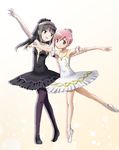  akemi_homura arabesque_(pose) armlet armpits ballerina ballet ballet_slippers black_hair breasts choker collarbone dress flat_chest full_body hair_bun hair_ornament highres jewelry kaname_madoka kinfuji long_hair looking_at_another looking_at_viewer mahou_shoujo_madoka_magica md5_mismatch multiple_girls open_mouth pantyhose pink_eyes pink_hair purple_eyes small_breasts smile strapless swan_lake 