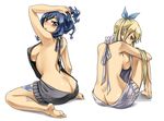  artist_name arya-aiedail ass barefoot black_sweater blonde_hair blue_eyes blue_hair blush breasts brown_eyes butt_crack fairy_tail huge_breasts juvia_lockser leg_tattoo long_hair looking_at_viewer looking_back lucy_heartfilia meme_attire multiple_girls no_bra no_panties sideboob sweater tattoo virgin_killer_sweater watermark web_address white_sweater 