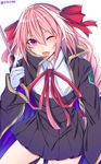  astolfo_(fate) bb_(fate)_(all) bb_(fate/extra_ccc) bb_(fate/extra_ccc)_(cosplay) blush braid cape cosplay fang fate/apocrypha fate/extra fate/grand_order fate_(series) hair_ribbon highres holding holding_wand long_hair looking_at_viewer male_focus open_mouth otoko_no_ko pink_hair purple_eyes ribbon shisei_(kyuushoku_banchou) single_braid smile solo wand 