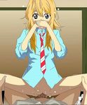  1boy 1girl blonde_hair covering_mouth girl_on_top long_hair long_sleeves mini_skirt miyazono_kaori miyazono_kawori school_uniform shigatsu_wa_kimi_no_uso 