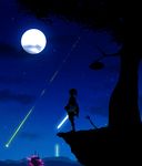  absurdres bad_id bad_pixiv_id boots castle cloud full_moon harada_miyuki hat highres link moon night night_sky scenery shield shooting_star silhouette sky solo standing star_(sky) starry_sky sword the_legend_of_zelda the_legend_of_zelda:_breath_of_the_wild tree weapon 