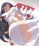  akira_(coffee_curry) black_hair blush breasts character_request highres large_breasts long_hair looking_at_viewer lying nail_polish nipples onmyoji open_clothes pointy_ears shiny shiny_skin solo thighhighs very_long_hair white_legwear xixue_ji yellow_eyes 