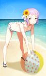  :o ball bare_arms bare_legs beach beachball bent_over bikini breasts brown_eyes butt_crack collarbone commentary_request day downblouse flower frilled_bikini frills full_body glint hair_flower hair_ornament idolmaster idolmaster_million_live! jewelry legs_apart looking_at_viewer makabe_mizuki mimizubare necklace open_mouth outdoors purple_hair sandals short_hair small_breasts solo sparkle standing swimsuit toenail_polish white_bikini 