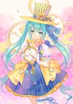  aqua_eyes aqua_hair atdan blue_ribbon bow bowtie clock closed_mouth dress garters gloves hat hatsune_miku highres holding long_hair looking_at_viewer md5_mismatch petals pink_bow pink_gloves pink_neckwear ribbon short_sleeves solo twintails very_long_hair vocaloid yellow_hat 